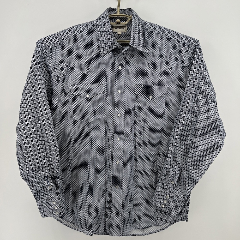 Stetson Mens Pearl Snap Western Shirt Large Blue Geometric Long Sleeve Rodeo